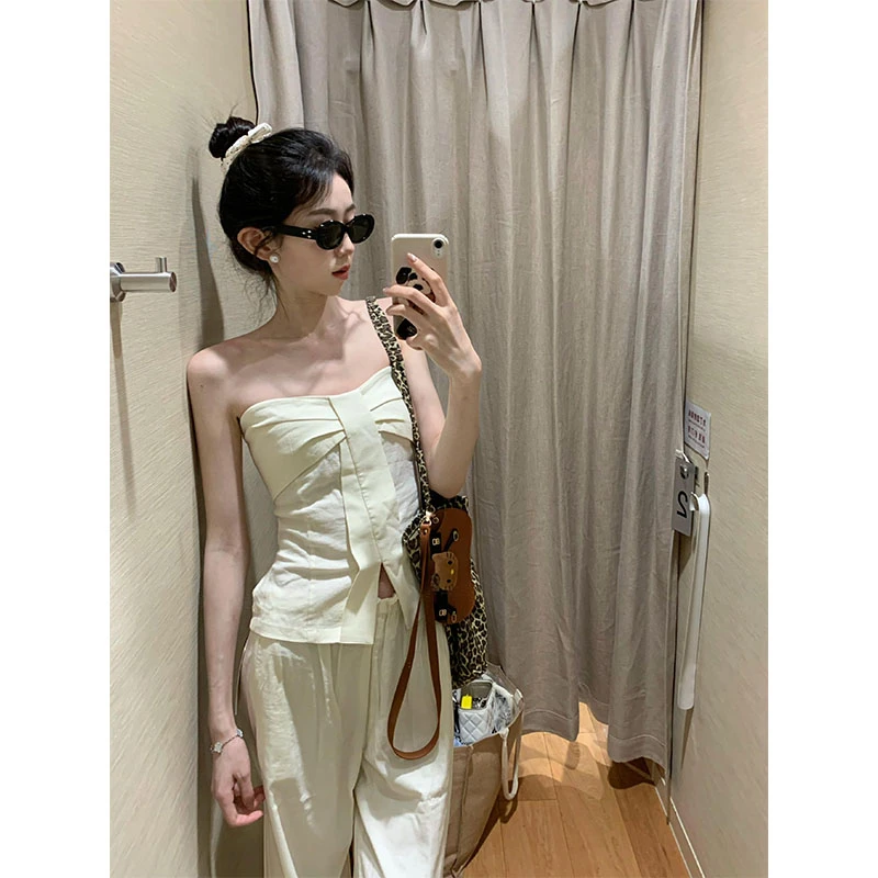 富家千金气质衣服新款韩系御姐时尚百搭一字肩抹胸上衣休闲阔腿裤