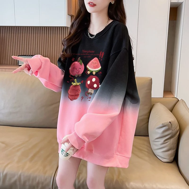 美式百搭渐变色设计感小众印花长袖卫衣女春秋季薄款休闲洋气上衣