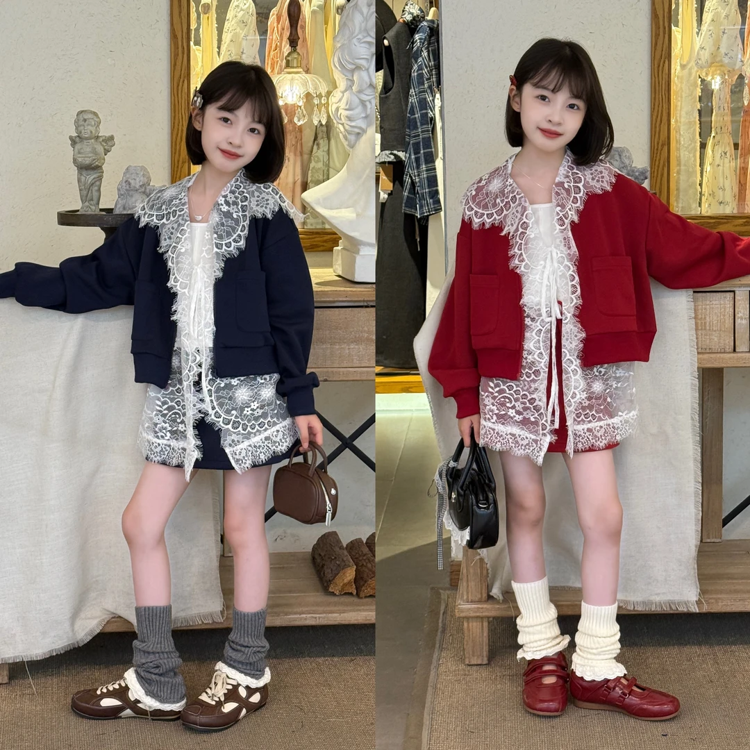2025春秋网红爆款时尚气质蕾丝花边开衫夹克棒球服外套裙裤三件套