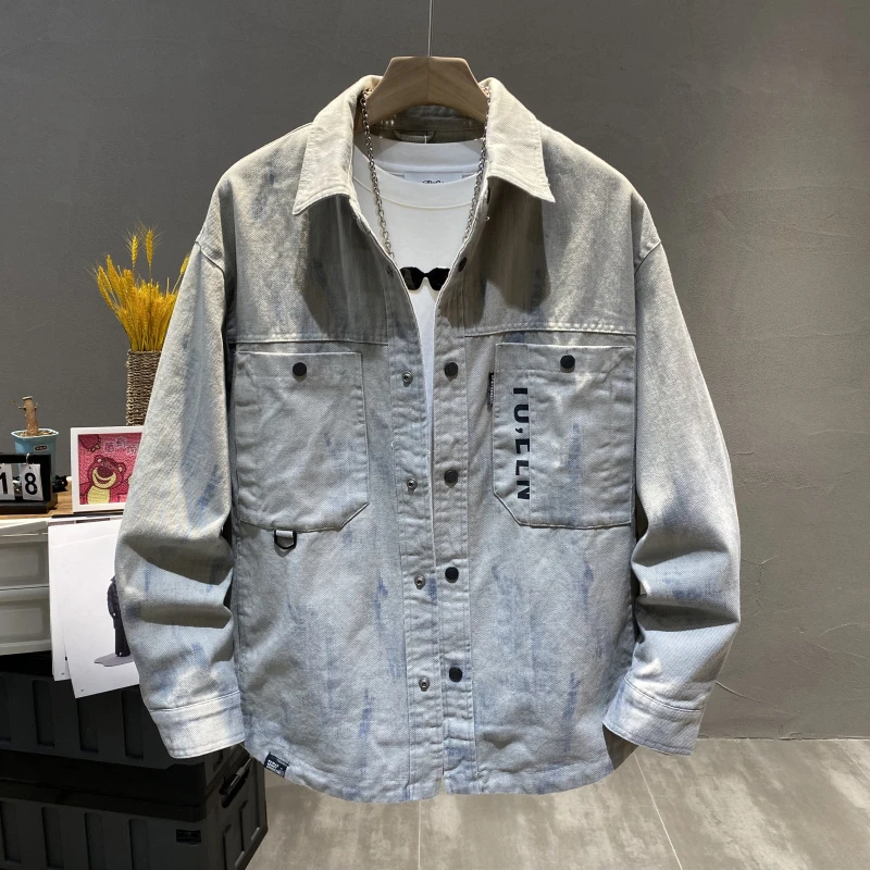 扎染翻领衬衫外套男士男装2025春节新款宽松百搭时尚休闲牛仔外套