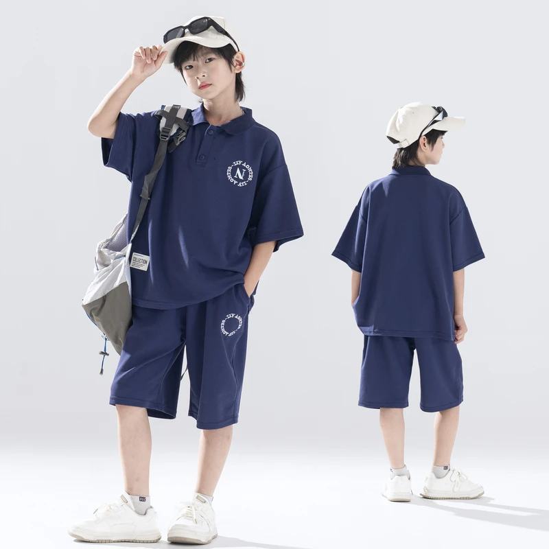 男童夏季套装儿童短袖套装polo领学院风男孩夏季纯色上衣短裤