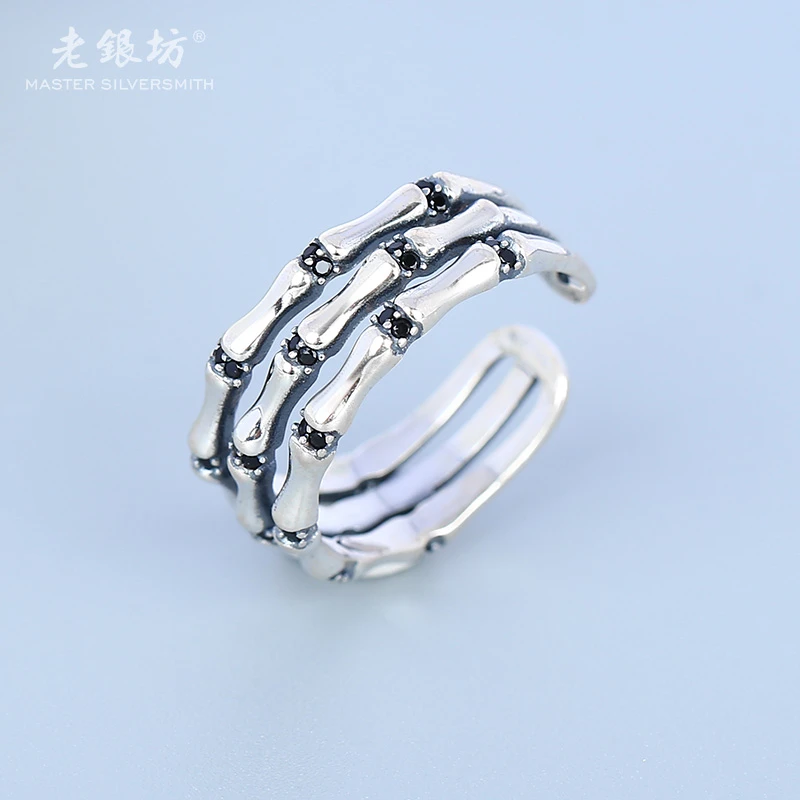 老银坊 925银戒指 多层竹节镶钻开口戒 0031111