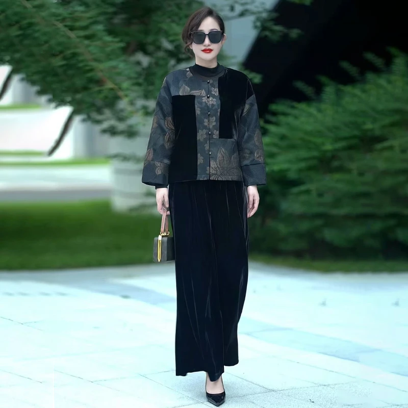 20165阔腿裤两件套减龄妈妈丝绒轻奢大码开衫带里布高级时尚套装