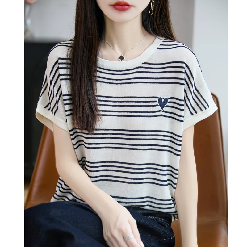 短袖女2025新款时尚显瘦条纹t恤洋气减龄上衣