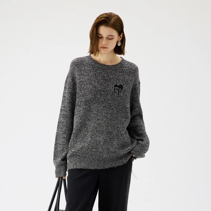U/TI 羊毛混纺杂灰色设计感简约爱心LOGO标慵懒风抗起球针织衫