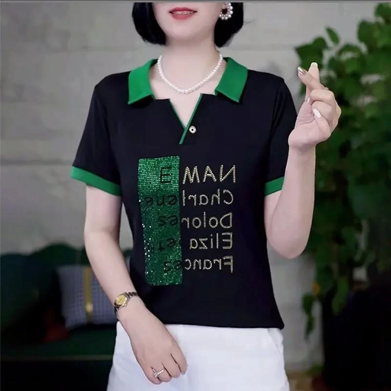 2025夏季显瘦女休闲时尚宽松减龄polo领洋气短袖女士减龄上衣