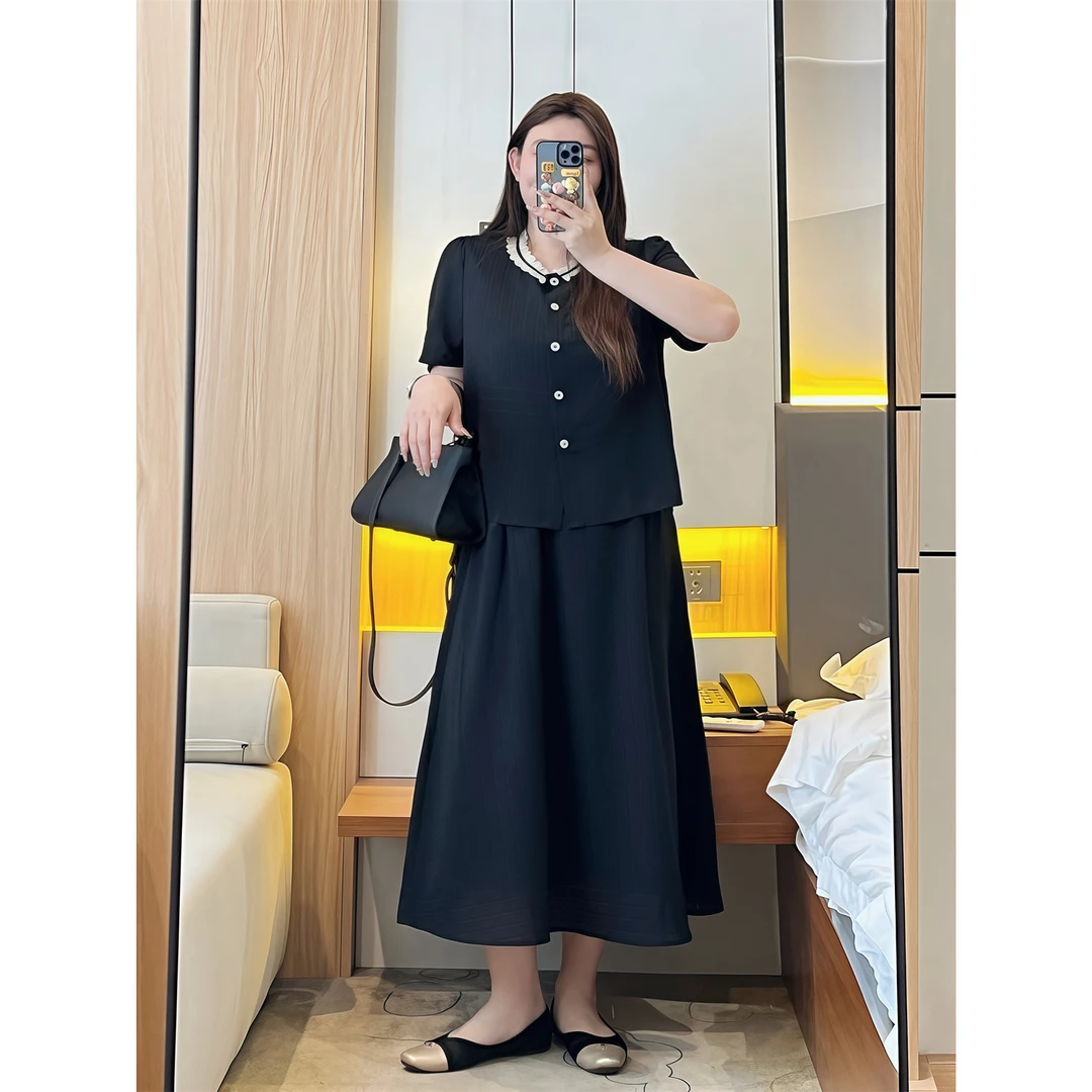 清潭贵女 / 松弛盎然短袖衬衫气质半身裙两件套11376花契大码胖mm