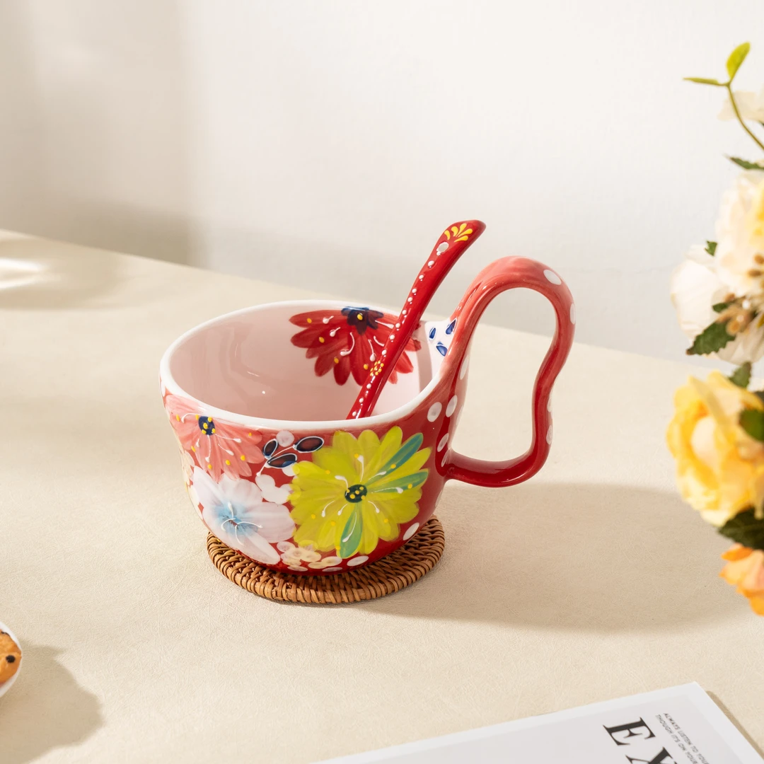 【高吉Gogic】手绘釉下彩-濑户烧红色月季葫芦曲把杯早餐杯（配勺子）