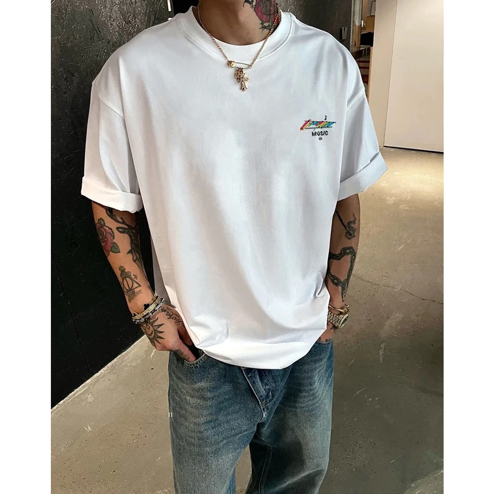 特大码300斤美式纯棉潮牌帅气休闲黑色摇滚短袖t恤男女重磅上衣夏