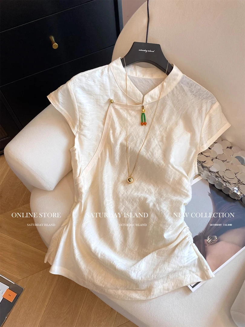 新中式提花盘扣立领飞飞袖衬衫女2025夏清冷褶皱收腰显瘦气质上衣