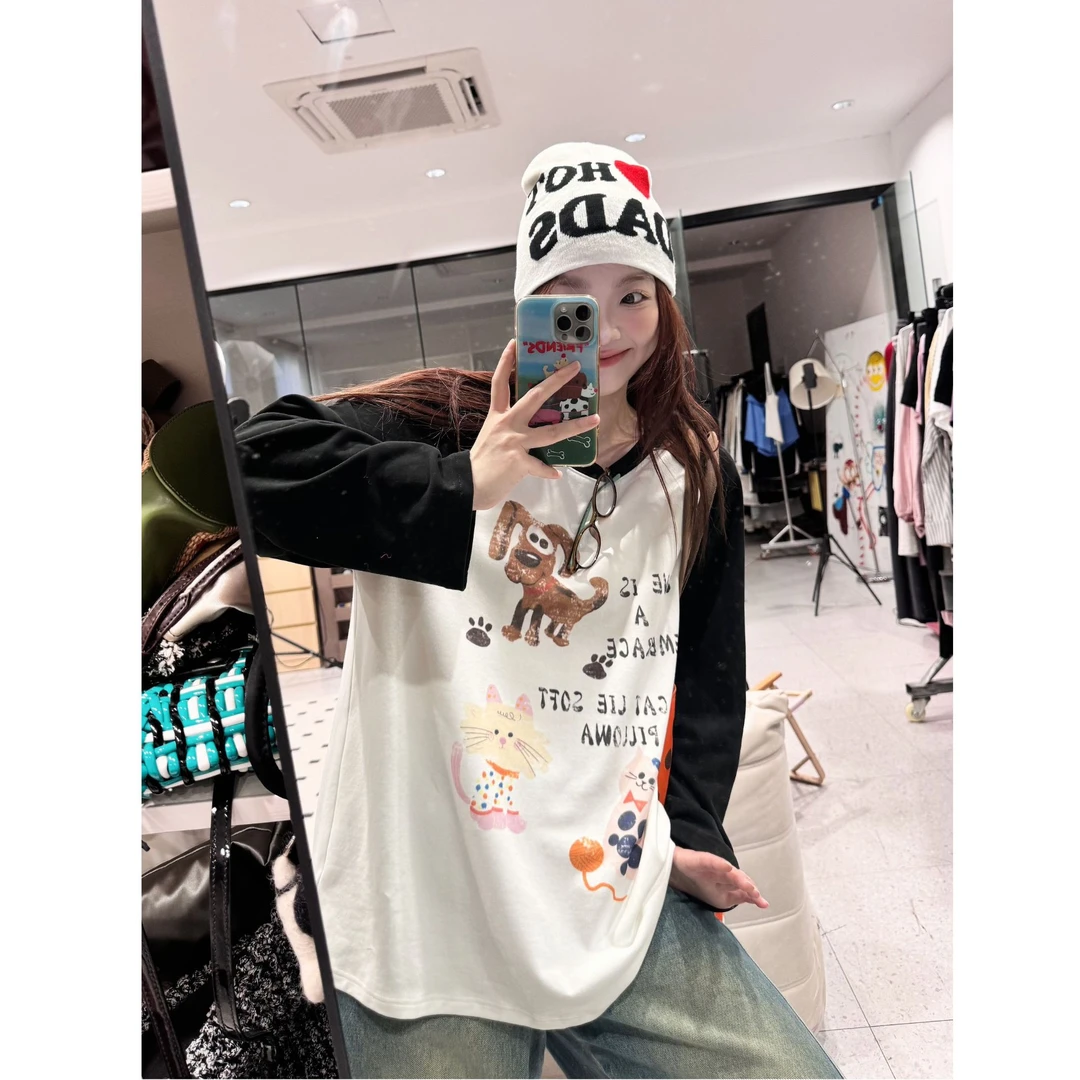 晶咕【猫狗游戏】少女感字母小狗涂鸦撞色插肩袖圆领上衣