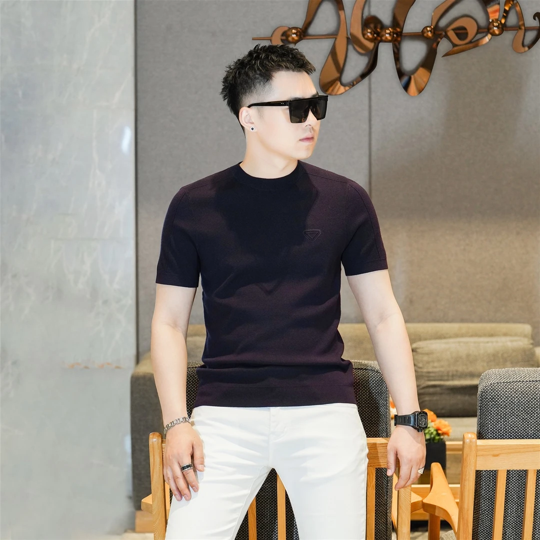 2025秋季新款男士针织衫短袖圆领半袖修身休闲上衣欧货潮KL7803