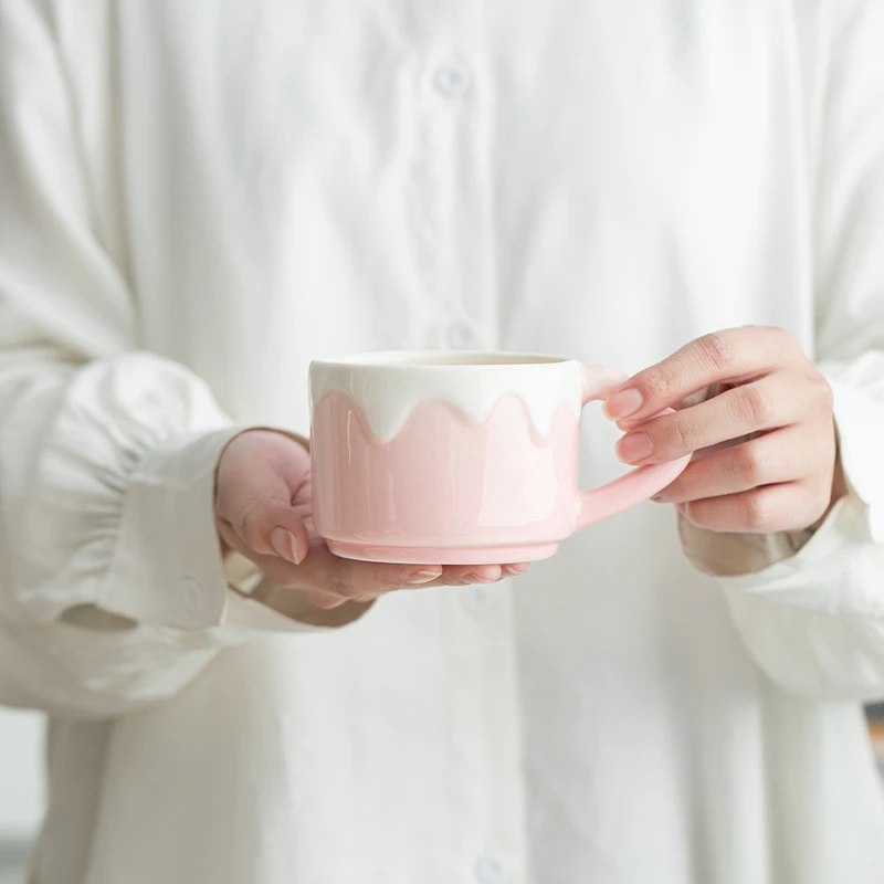 奶油风陶瓷杯子可爱少女心茶杯带把家用办公喝水杯创意功夫泡茶杯