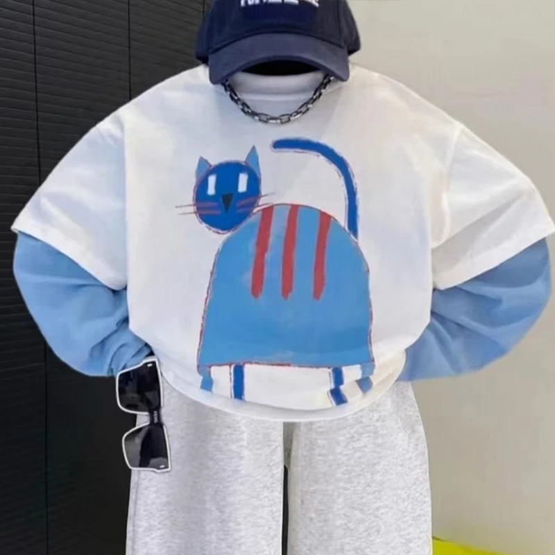 儿童韩版纯棉长袖T恤2025新款时髦假两件印花打底衫男孩春秋上衣