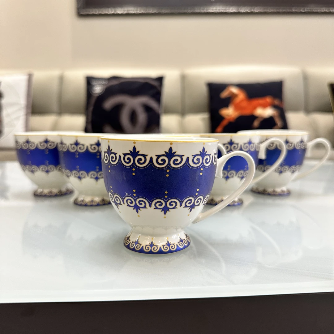 6个带架子咖啡杯家用珐琅蓝色哈萨克风格咖啡杯精致复古高档咖啡