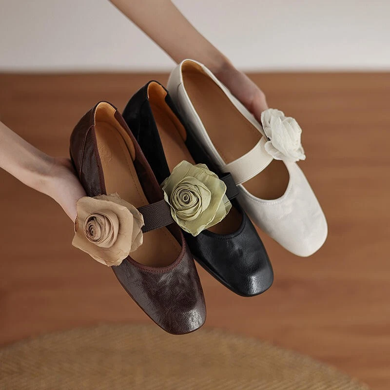 【羊皮版】复古风一字带可拆卸花朵浅口单鞋女软底软面浅口芭蕾舞鞋