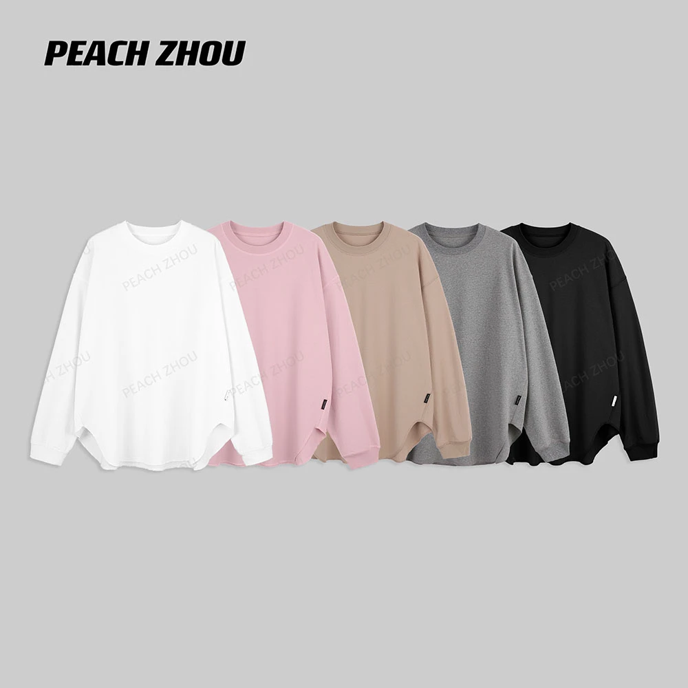 『PEACHZHOU』侧缝弧摆基础款纯色宽松圆领长袖简约休闲中性打底T恤