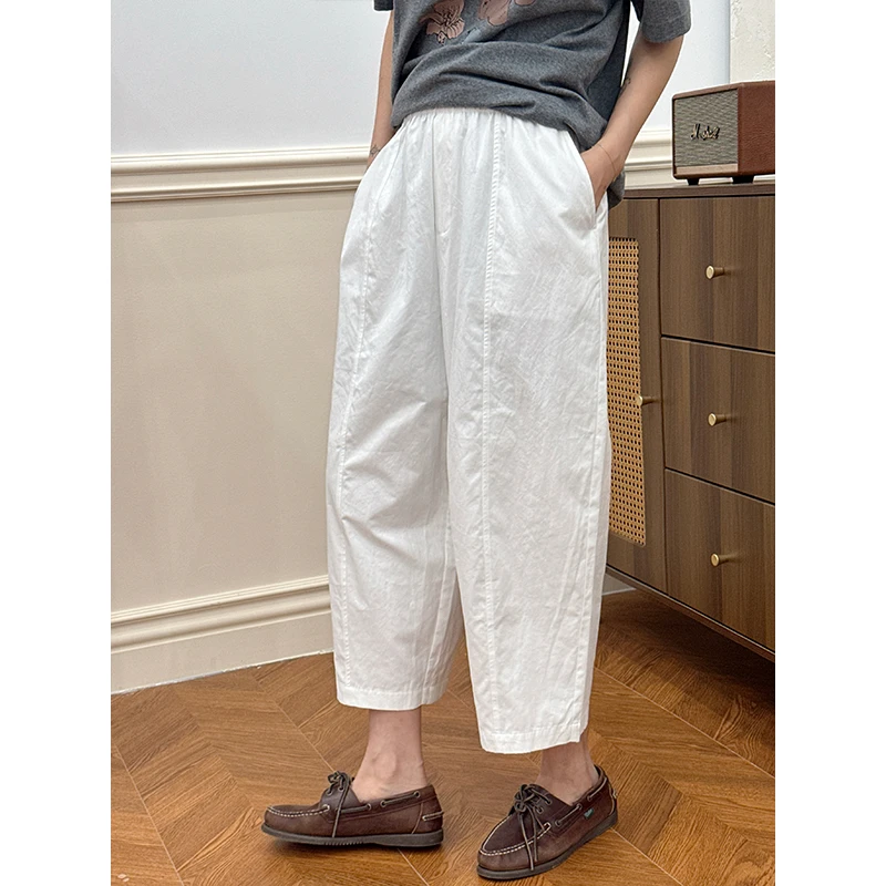 LANGQING 薄款气球裤垂感九分阔腿白色竖纹休闲裤43819/44015#