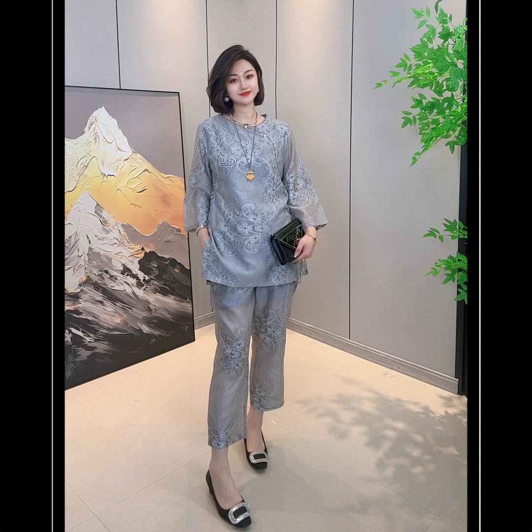 8098【佳衣恋】新款简约雕花镂空扎染冰丝麻国风套装