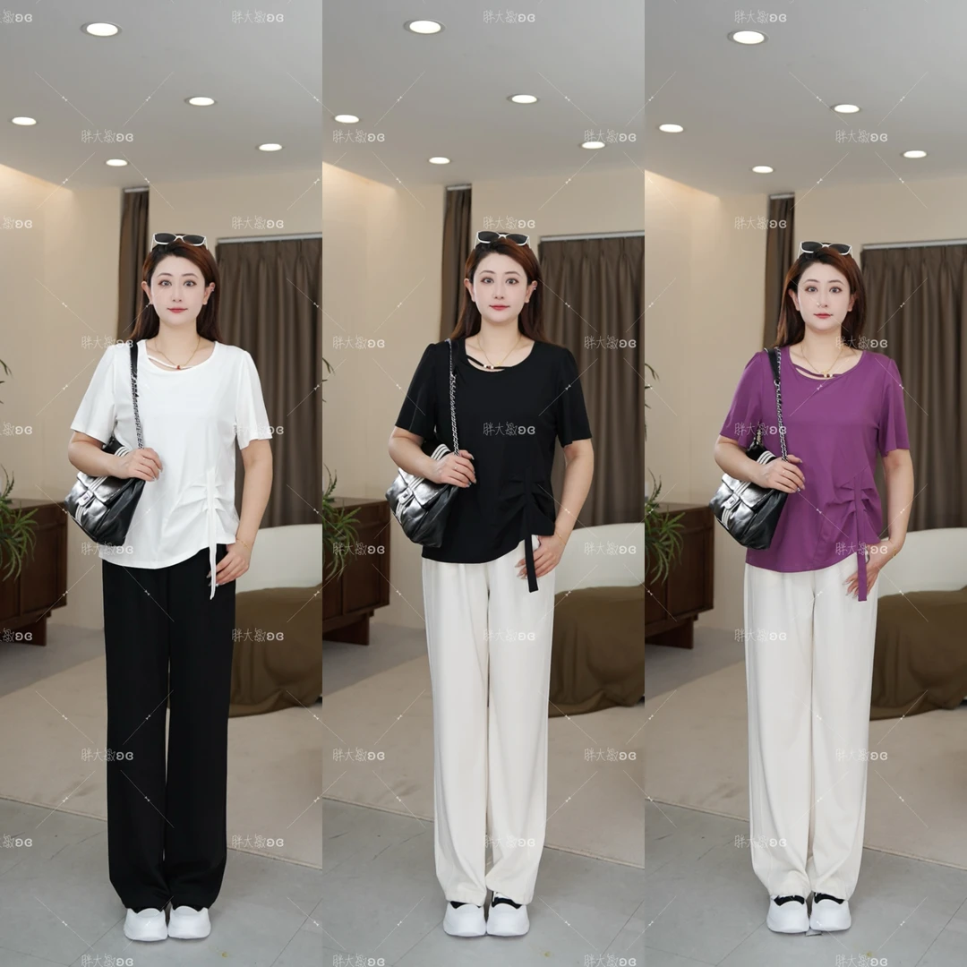 【上新上衣】PMM82019夏季新款不规则圆领气质捏褶百搭显瘦T恤
