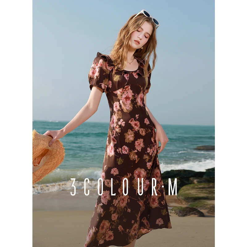 三彩2025秋季新款荷叶边圆领玫瑰印花连衣裙复古度假风长裙M