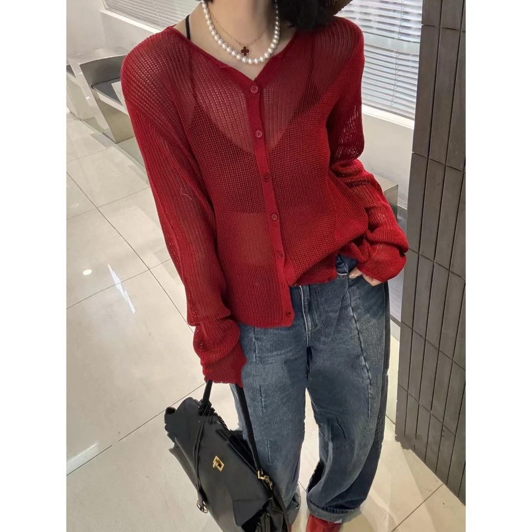 【慵懒风气质镂空针织长袖】时尚百搭纯色夏季薄款宽松显瘦针织衫女