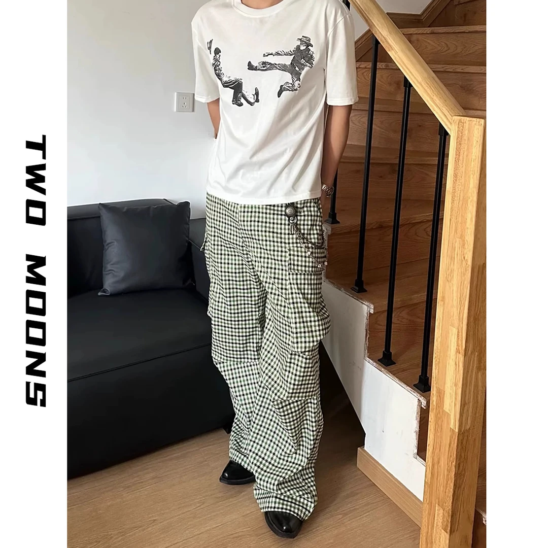 TWOMOONS两个月亮格纹复古口袋条纹炮弹裤阔腿长裤工装休闲裤男女