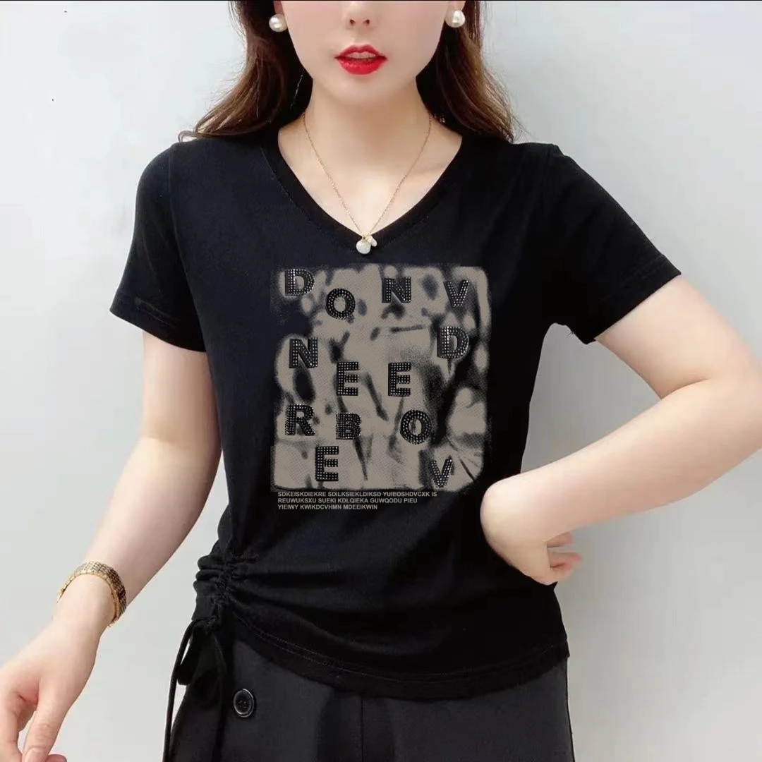 2025新款夏装纯棉短袖t恤女士v领修身百搭韩版鸡心领体恤洋气上衣