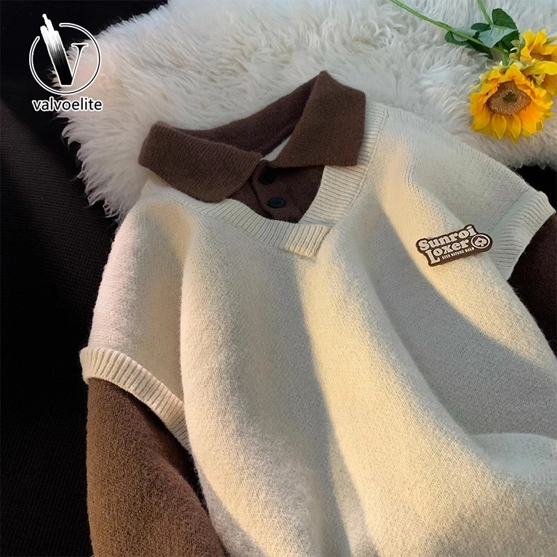 VALVOELITE假两件毛衣男冬季新款宽松学院风领针织衫青少年外套