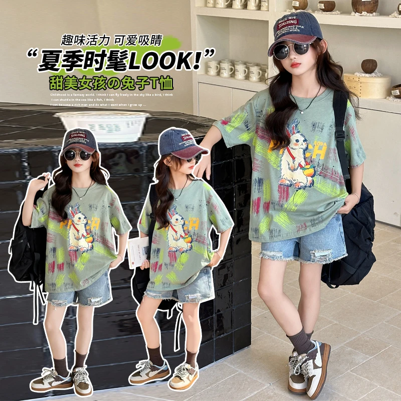 夏季常规薄款休闲风扎染女童套装洋气网红童装短裤牛仔2025女童夏