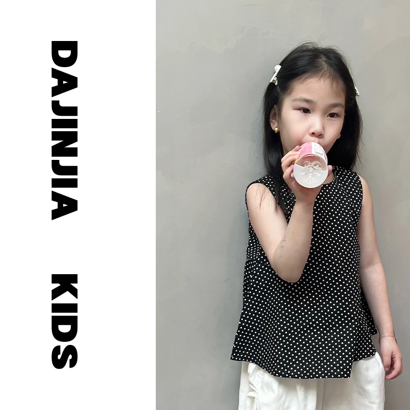 大金定制夏季新款小黑白波点无袖百搭韩系风衬衫短袖上衣倒穿衣