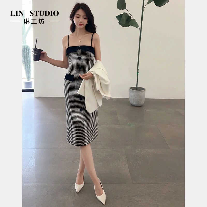 琳工坊垂燕拼色连衣裙高档轻奢千鸟格千金风大衣内搭仙女唐琳设计