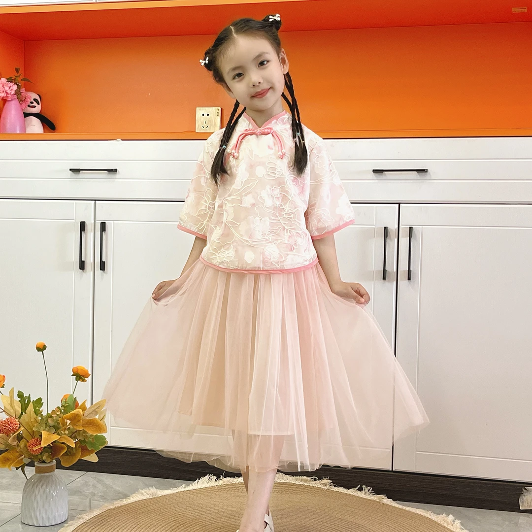 女童半身裙汉服复古民族唐装新中式中国风套装古风文艺国风两件套