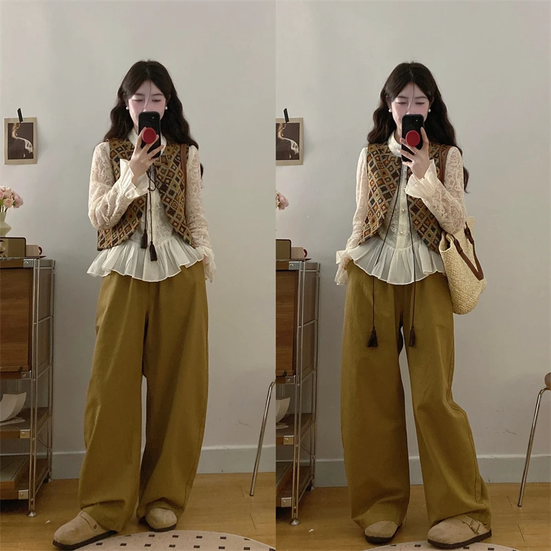 大码复古休闲风气质蕾丝衬衫马甲背心阔腿裤三件套