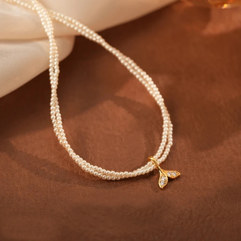 铜合金锆石吊坠 锆石鱼尾轻奢时尚小众珍珠项链饰品精致百搭甜美