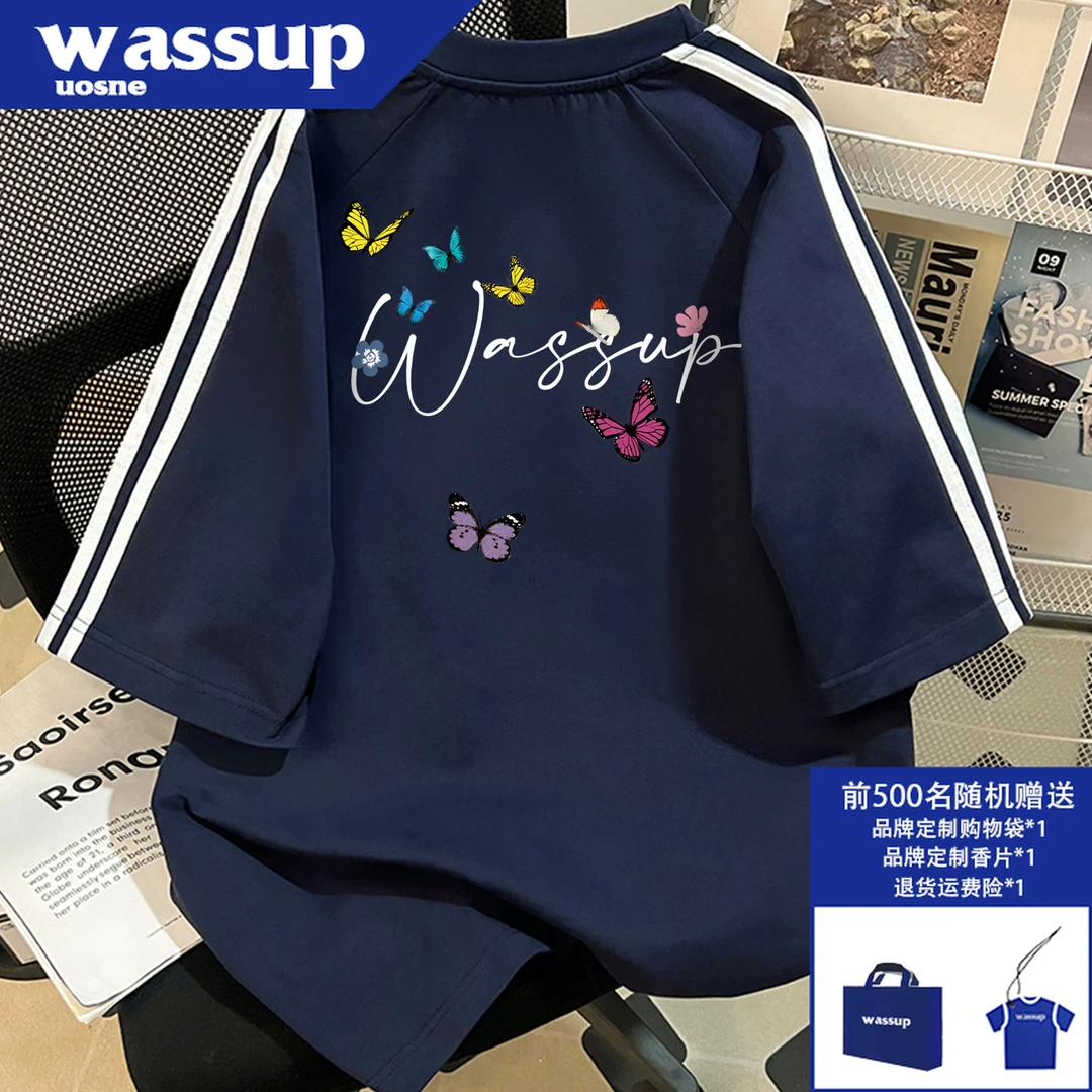 潮流街头三条杆小众印花短袖t恤男夏季新款百搭宽松重磅纯棉体恤