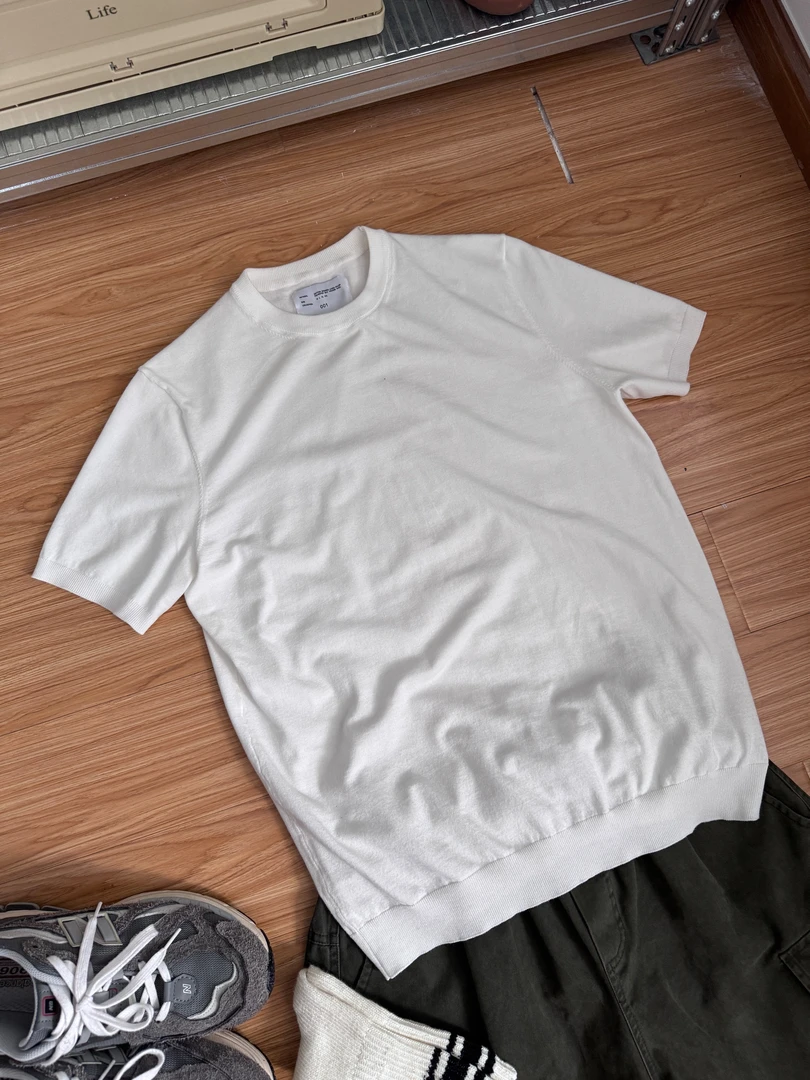 cleanfit复古老钱风圆领基础针织T恤高级感通勤修身短袖打底衫男