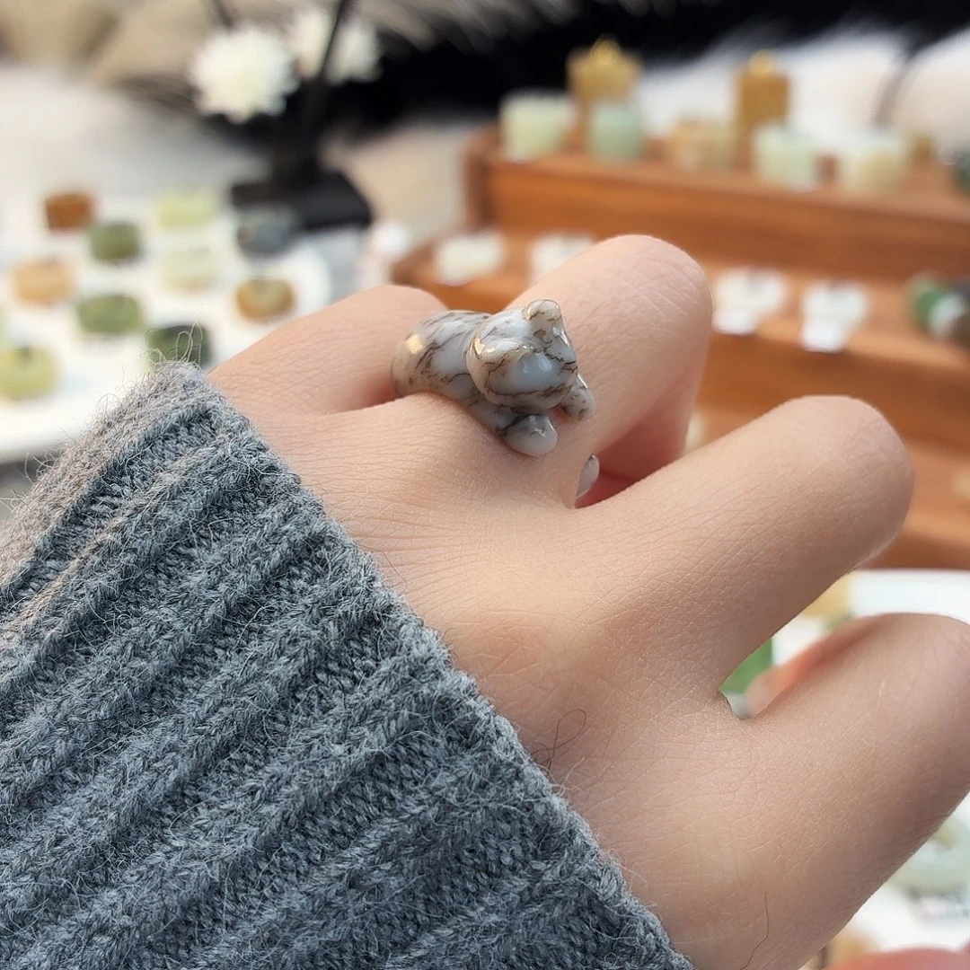 和田玉未镶嵌戒指i13豹纹趴趴猫15.1mm