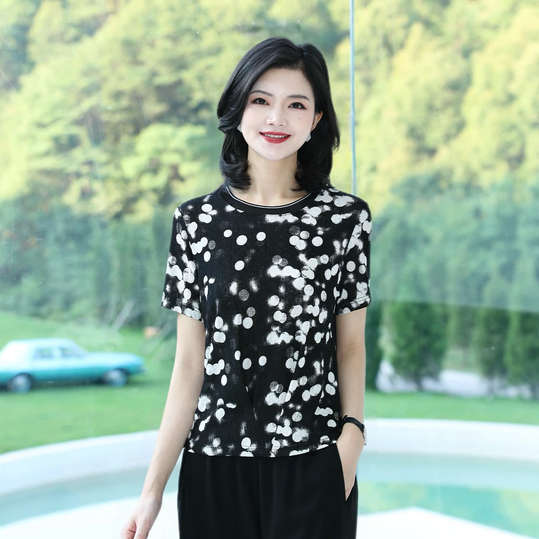 阿楠anan缀缀星影 时尚减龄百搭圆领弹力波点印花女夏休闲T恤上衣