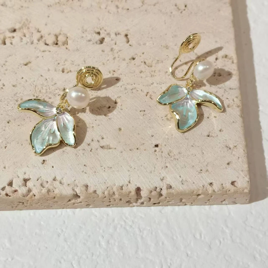 合金耳饰 甜可饰品  时尚甜美花瓣珠珠耳夹