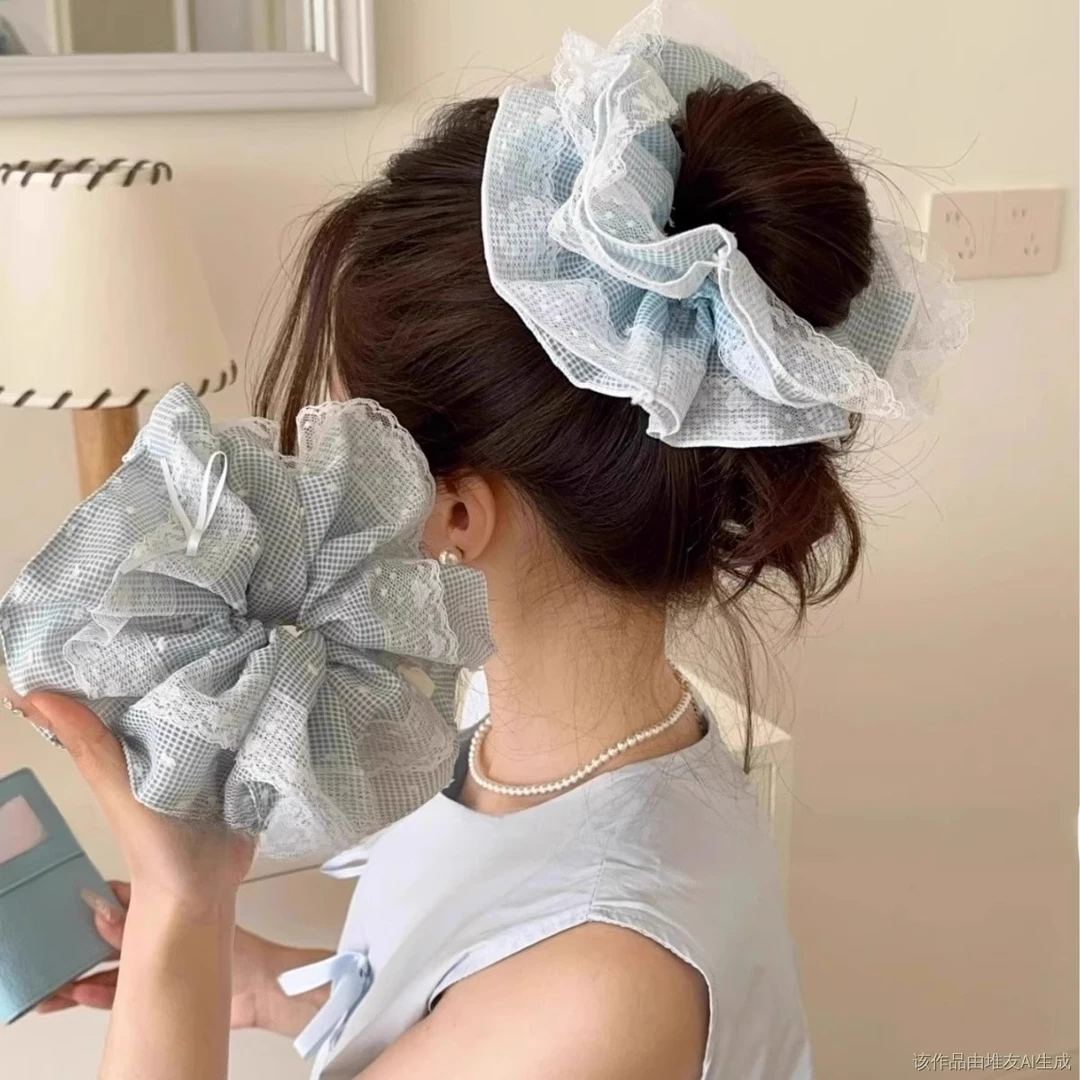 四层超仙高级感海盐蓝色芭蕾风花苞大肠发圈韩系蕾丝扎发头绳发绳