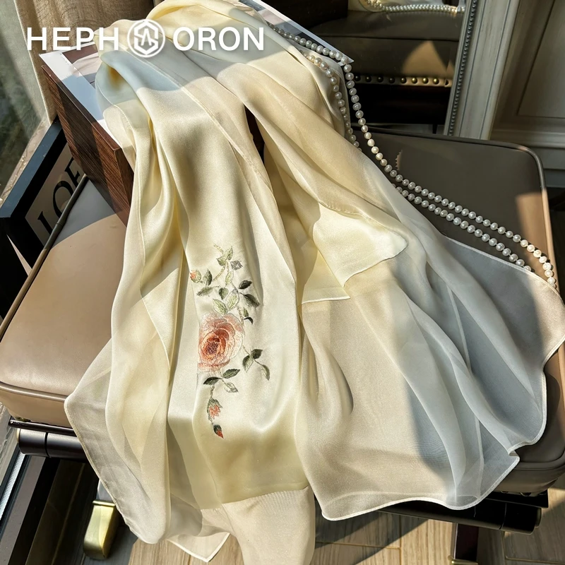 HEPHSORON苏绣丝巾礼盒白色刺绣飘纱送长辈披肩桑蚕丝真丝围巾