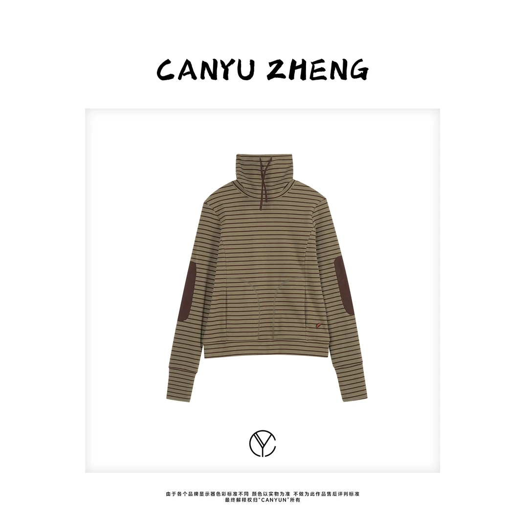 CANYU “反向的钟” 补丁对条高领抽绳系带磨毛条纹长袖T恤