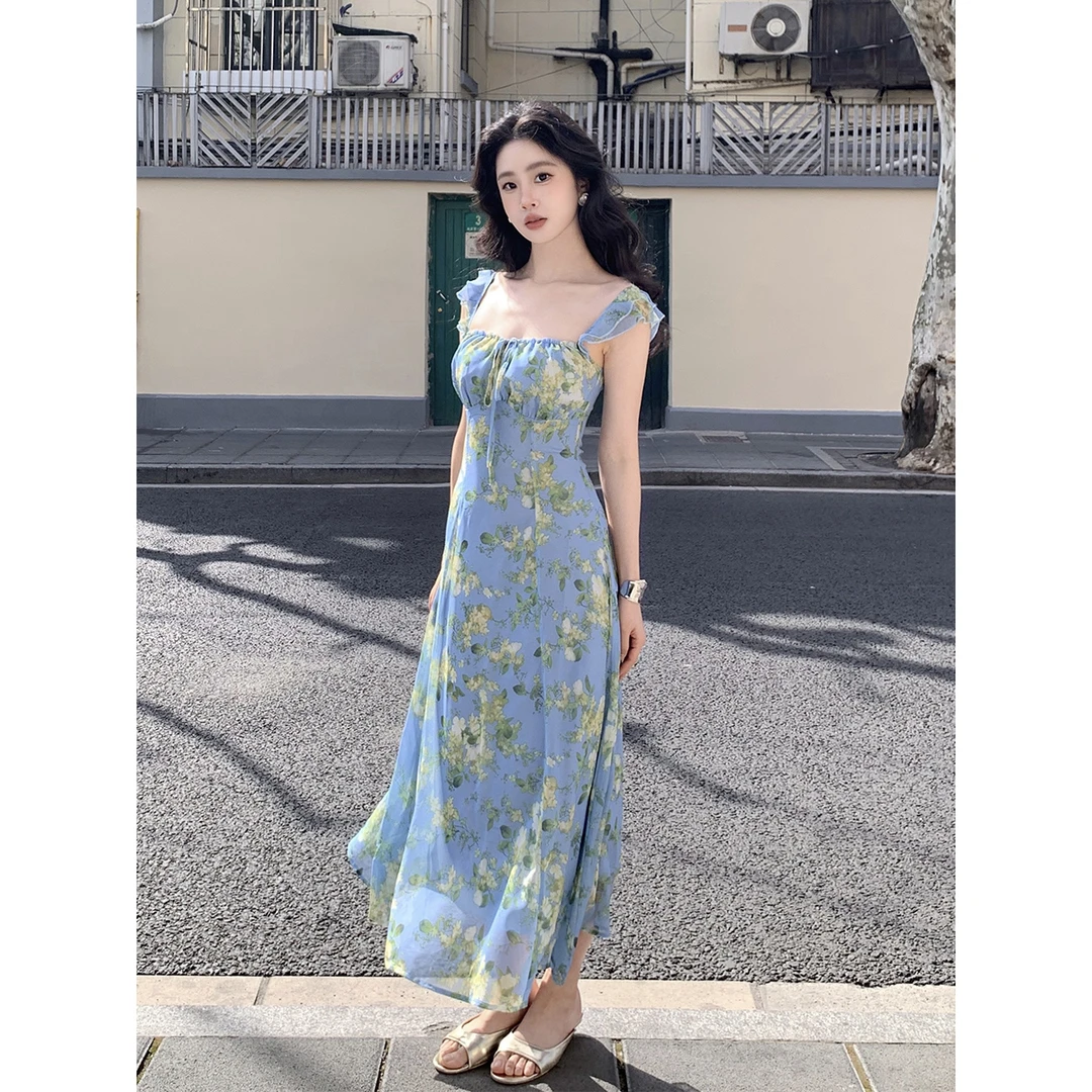 SYT自制度假氛围感小飞袖收腰印花连衣裙