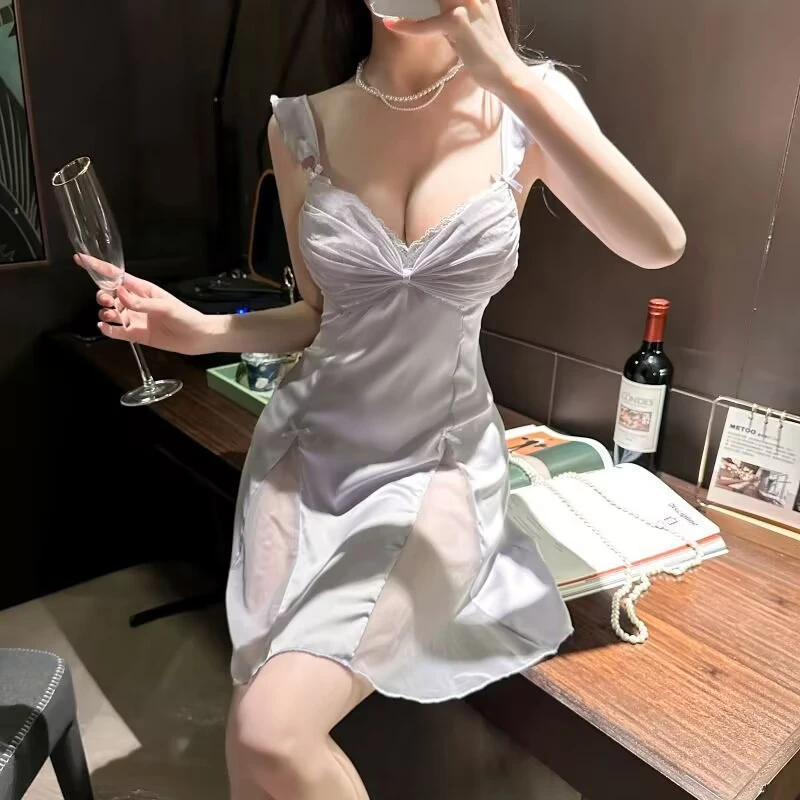 纯色春季性感风成人性感睡裙家居服露背显瘦气质夏季睡袍纯欲风