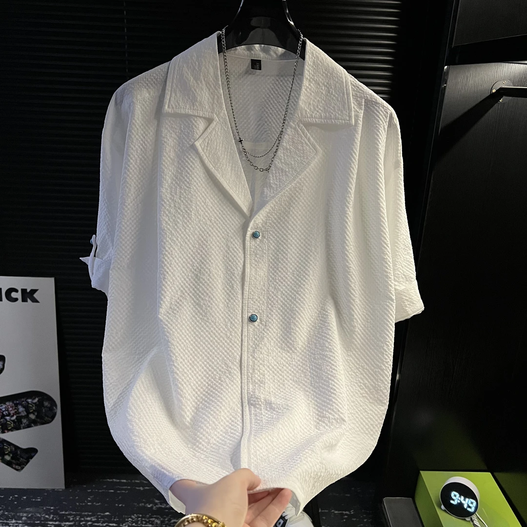 TQ-2025夏季休闲纯色短袖衬衫宽松透气男士