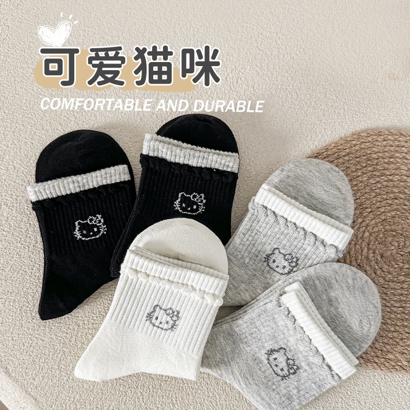 女童袜子春秋儿童韩版ins卡通kt猫花边公主袜女孩中筒袜日系棉袜