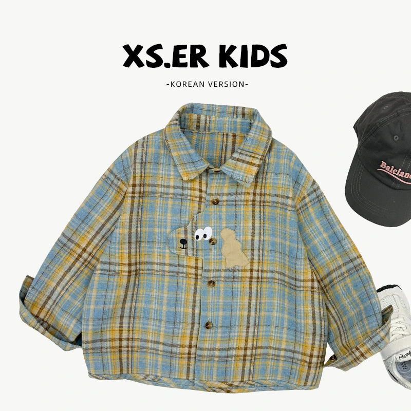 【小首尔】现货-男童春季时尚简约撞色格子卡通潮流衬衫外套HBB6645