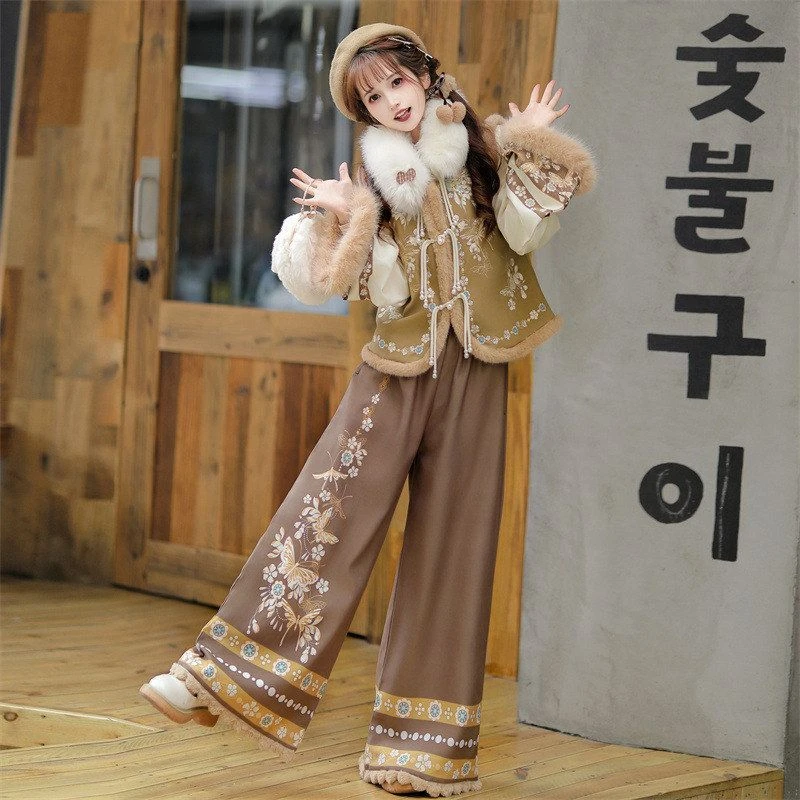 日常通勤改良宋裤三件套新中式国风俏皮汉服冬季上衣裤子套装女