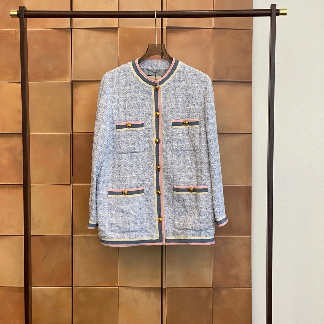 99新 GUCCI/古驰 蓝粉条纹粗花呢金扣小香风外套/44码/99新/30172